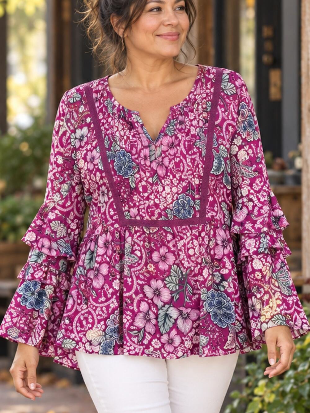 Style & Co. Maroon Floral Lace Trim Ruffle Sleeve Peasant Top L